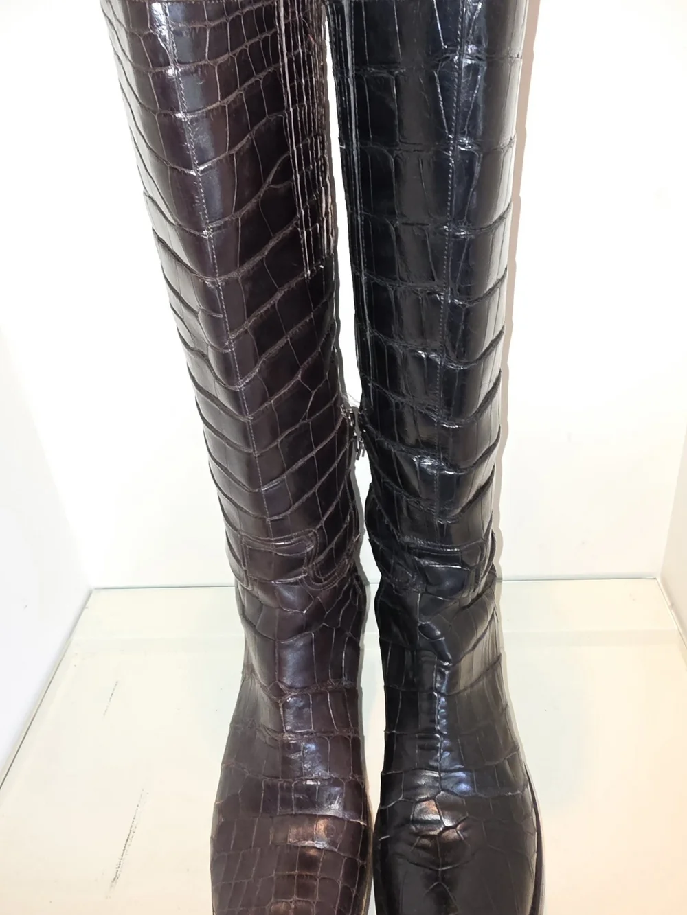 Women’s Brown/Black Leather Crocodile-Embossed Knee-High Riding Boot